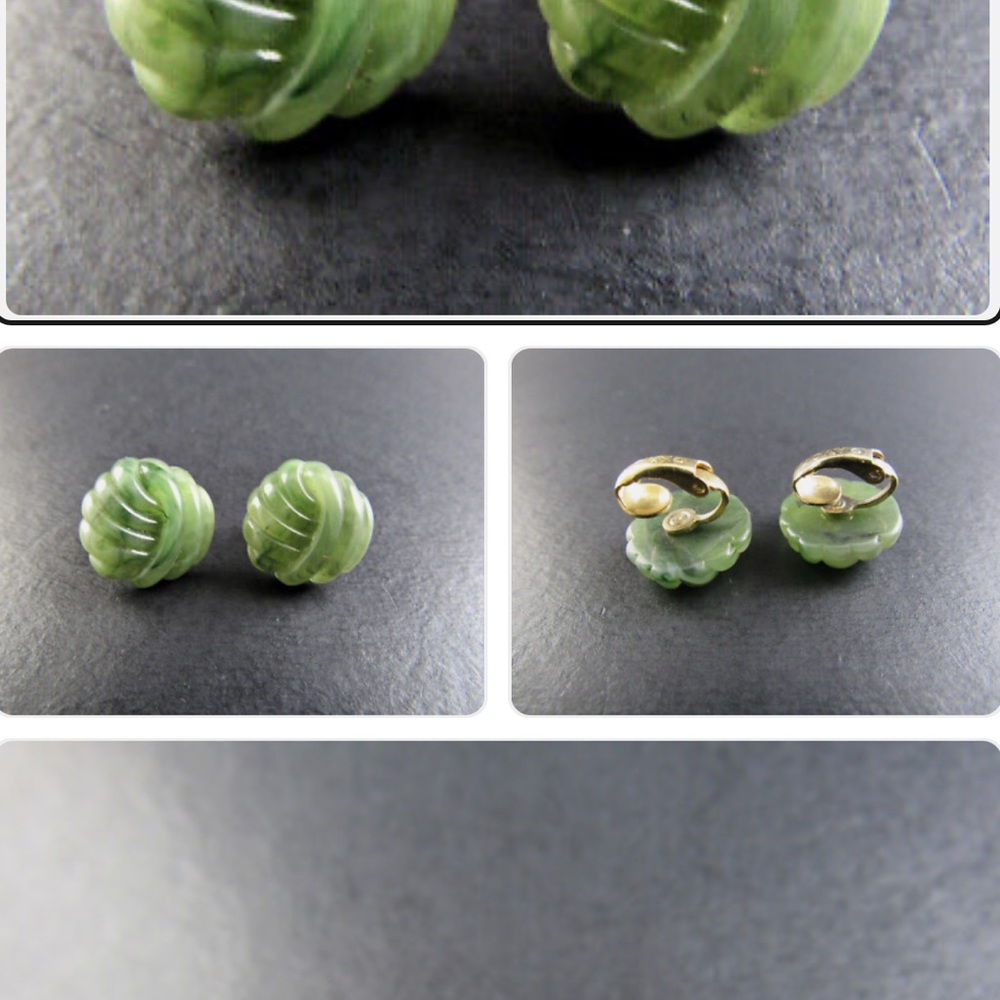 Vintage Rare Jade Clipon Earrings Green Women’s Jewelry - Picture 2 of 5